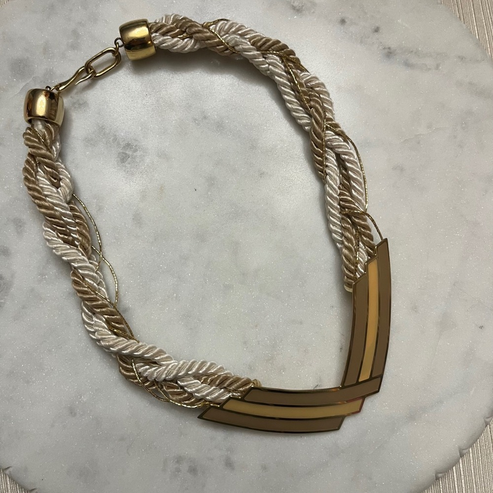 Vintage Style Statement Necklace Braided Rope Gold Tone Stripe V Pendant Jewelry